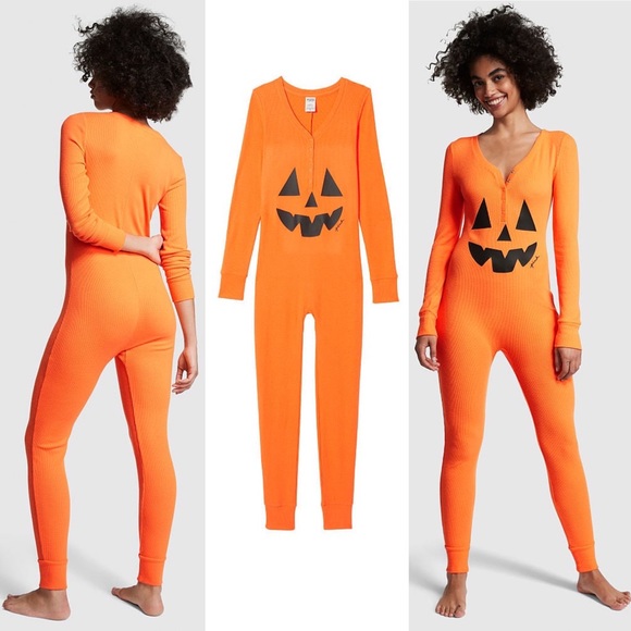 Victoria's Secret PINK Thermal Sleep Onesie Halloween Orange Jack-O-Lantern XL - Picture 3 of 3